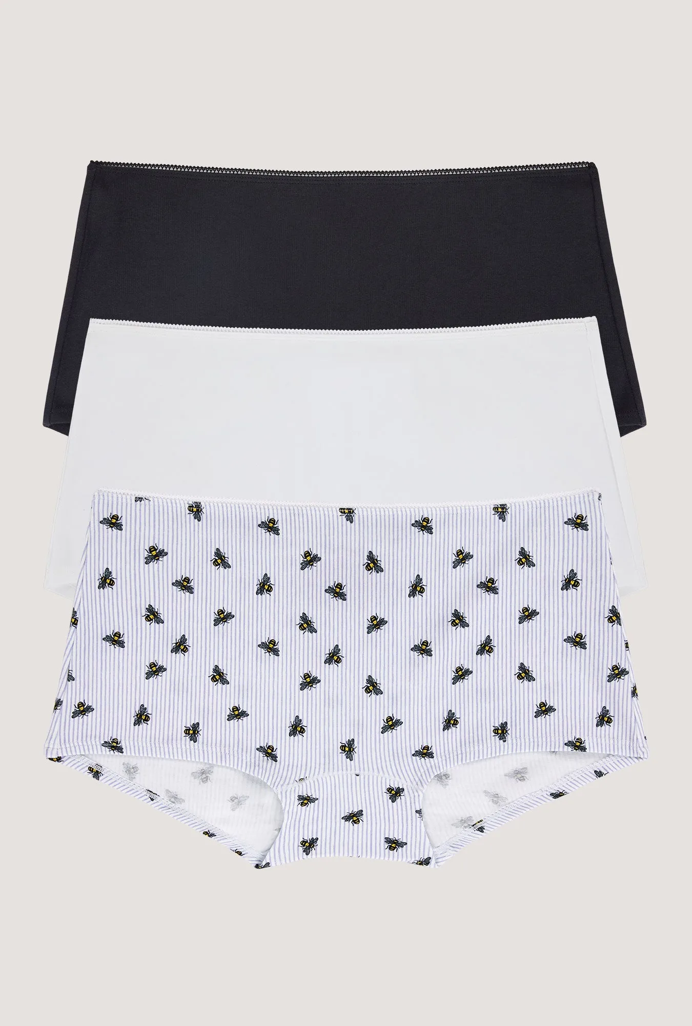 Stretch Jersey Boyshort Underwear 3 Pack - Black, White, Honey Bees sold by BedHead