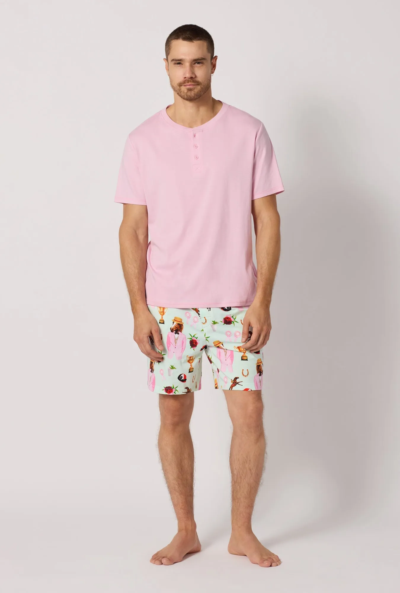 A Day At The Derby Men's Short Sleeve Henley Stretch Jersey Short Pj Set sold by BedHead
