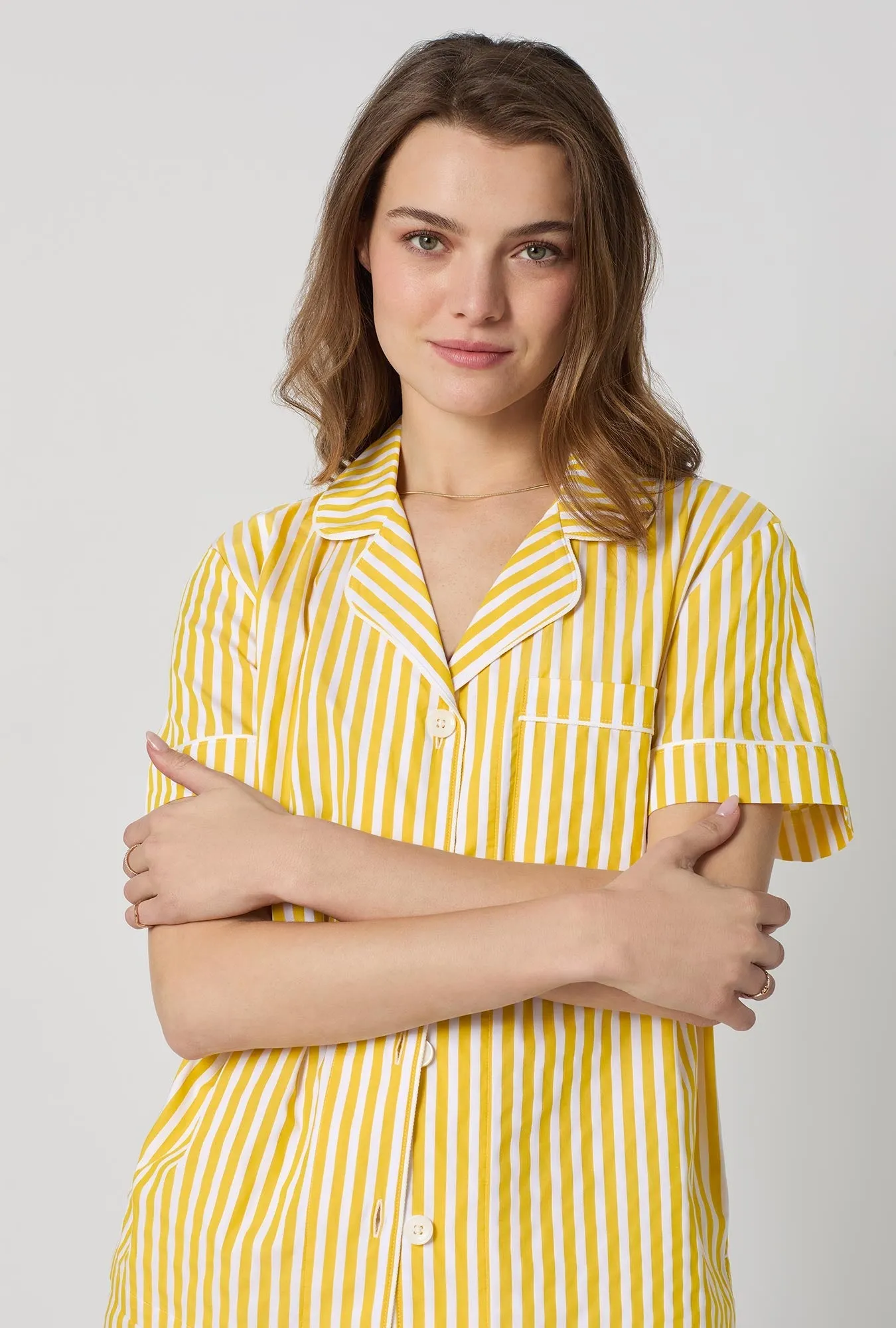 Yellow Signature Stripe Short Sleeve Classic Shorty Woven Cotton Sateen Pj Set sold by BedHead product image thumbnail 5