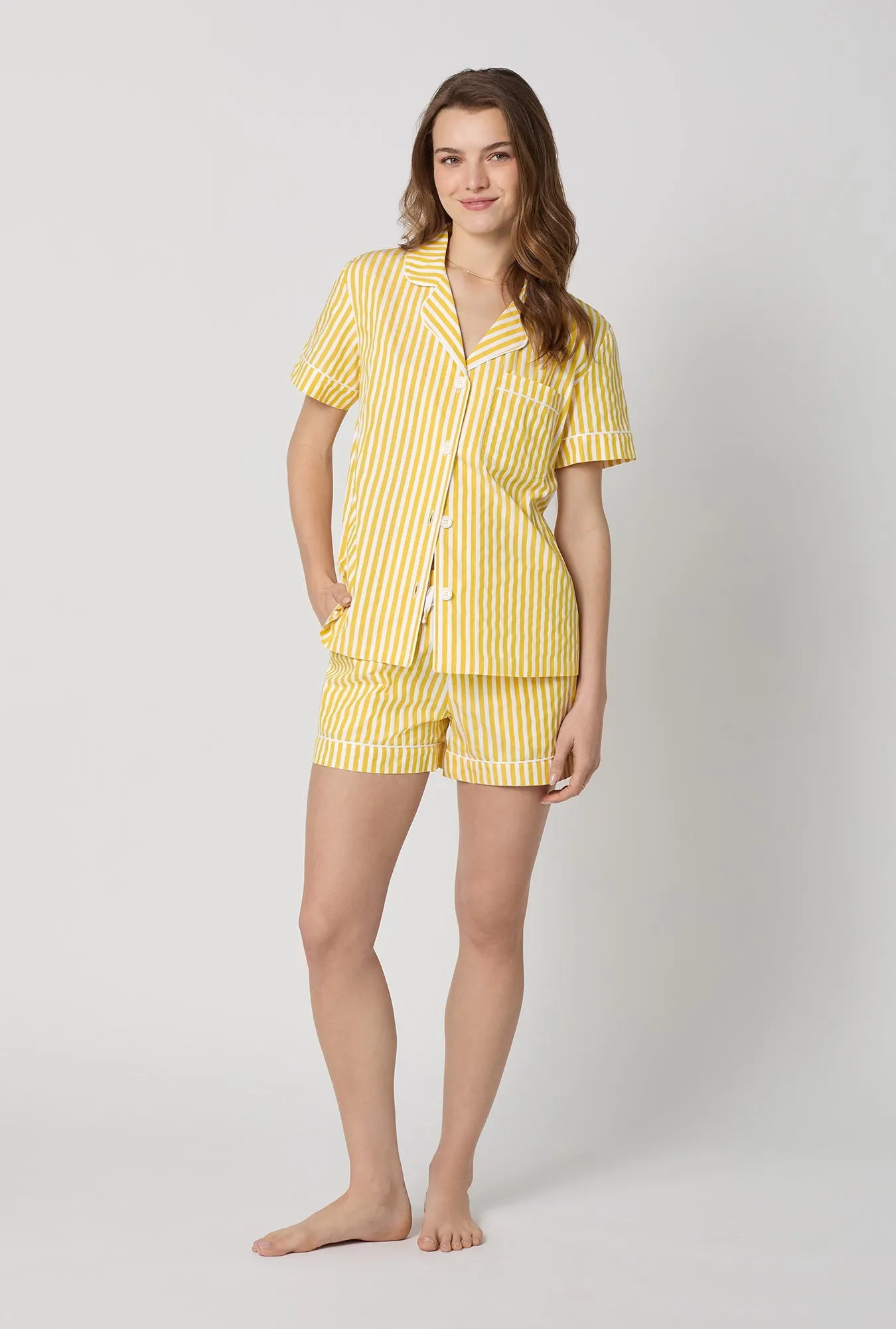 Yellow Signature Stripe Short Sleeve Classic Shorty Woven Cotton Sateen Pj Set sold by BedHead product image thumbnail 2