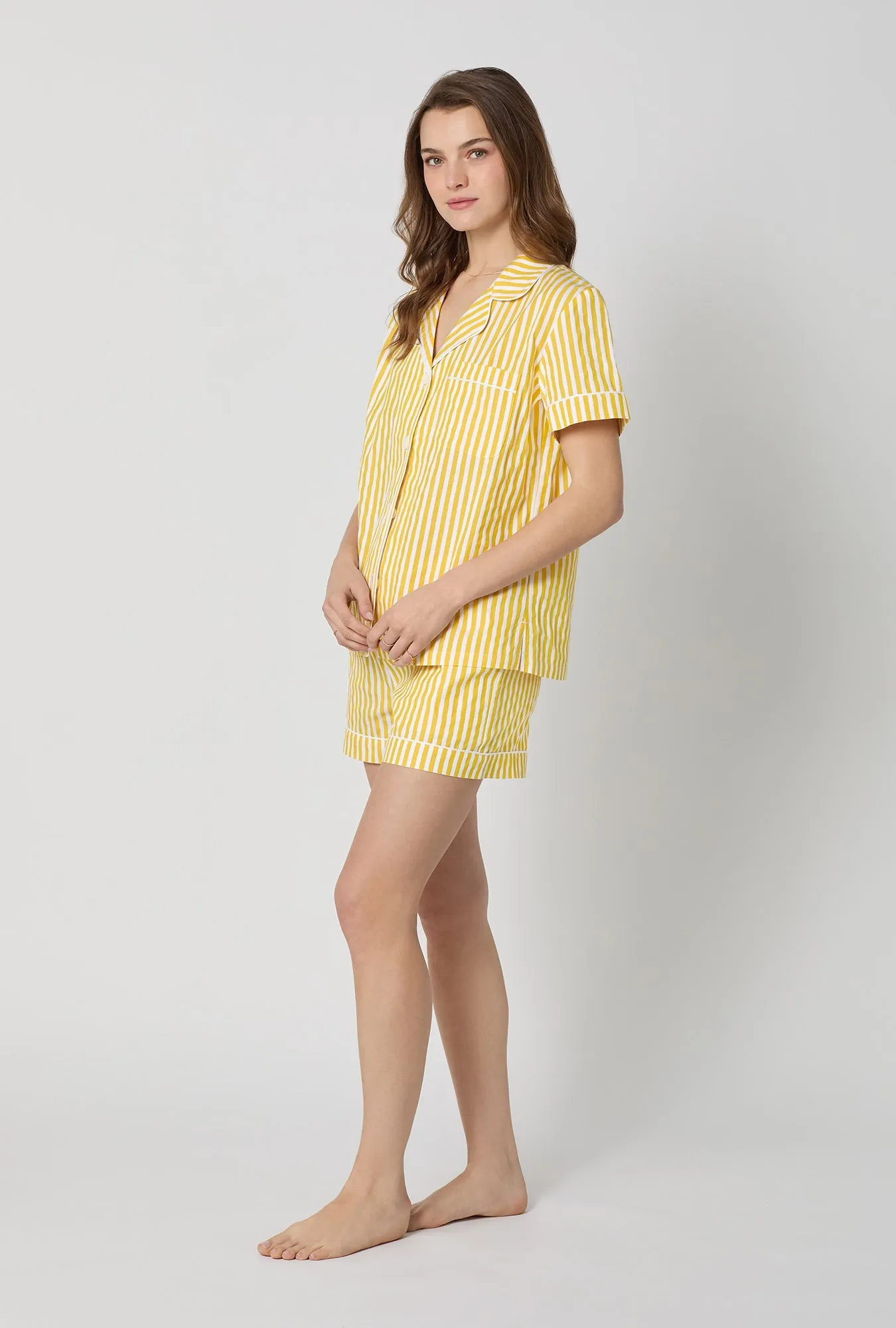 Yellow Signature Stripe Short Sleeve Classic Shorty Woven Cotton Sateen Pj Set sold by BedHead product image thumbnail 3