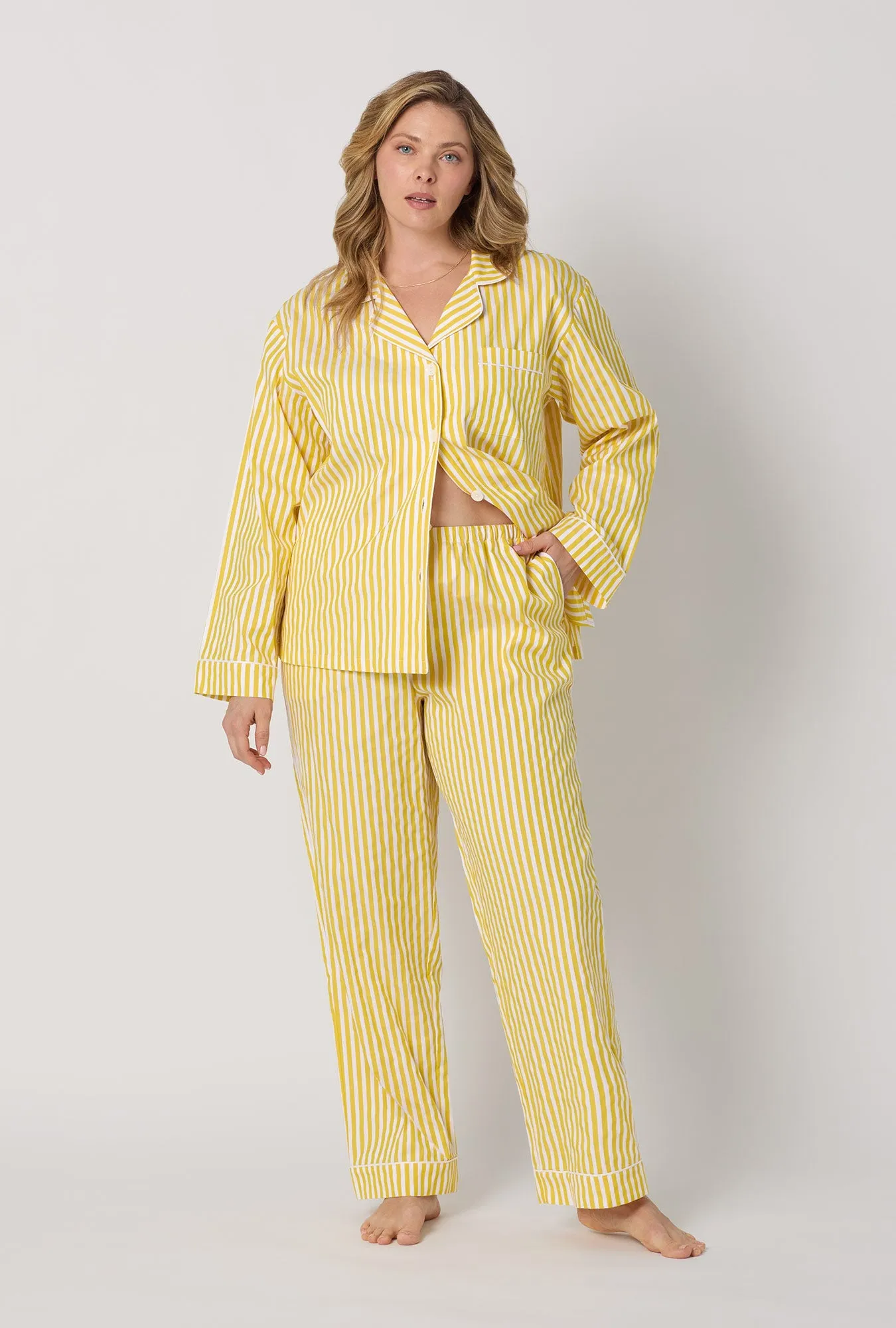 Yellow Signature Stripe Long Sleeve Classic Woven Cotton Sateen Pj Set sold by BedHead product image thumbnail 5