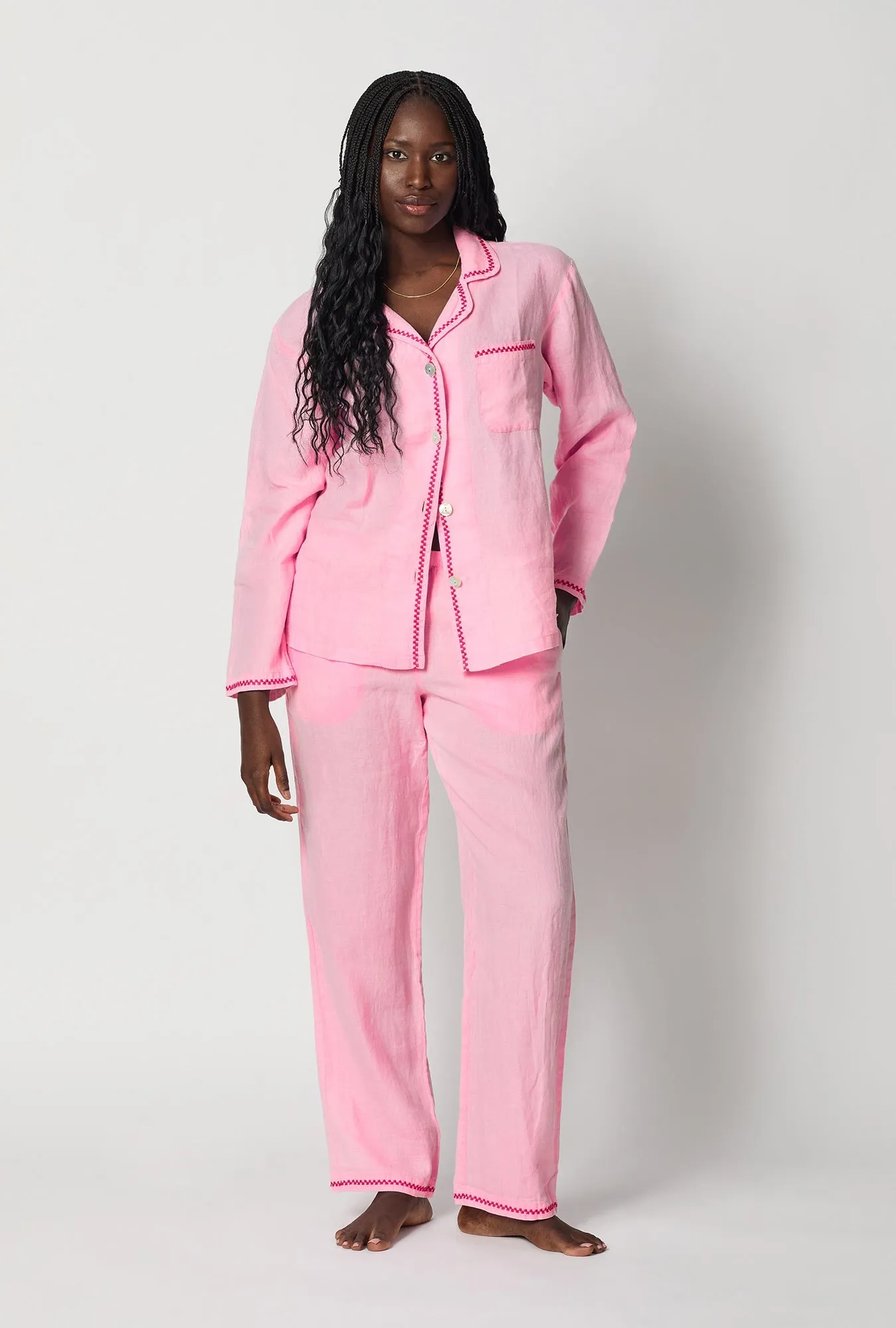 Pink Lady Long Sleeve Classic Woven Linen Pj Set sold by BedHead