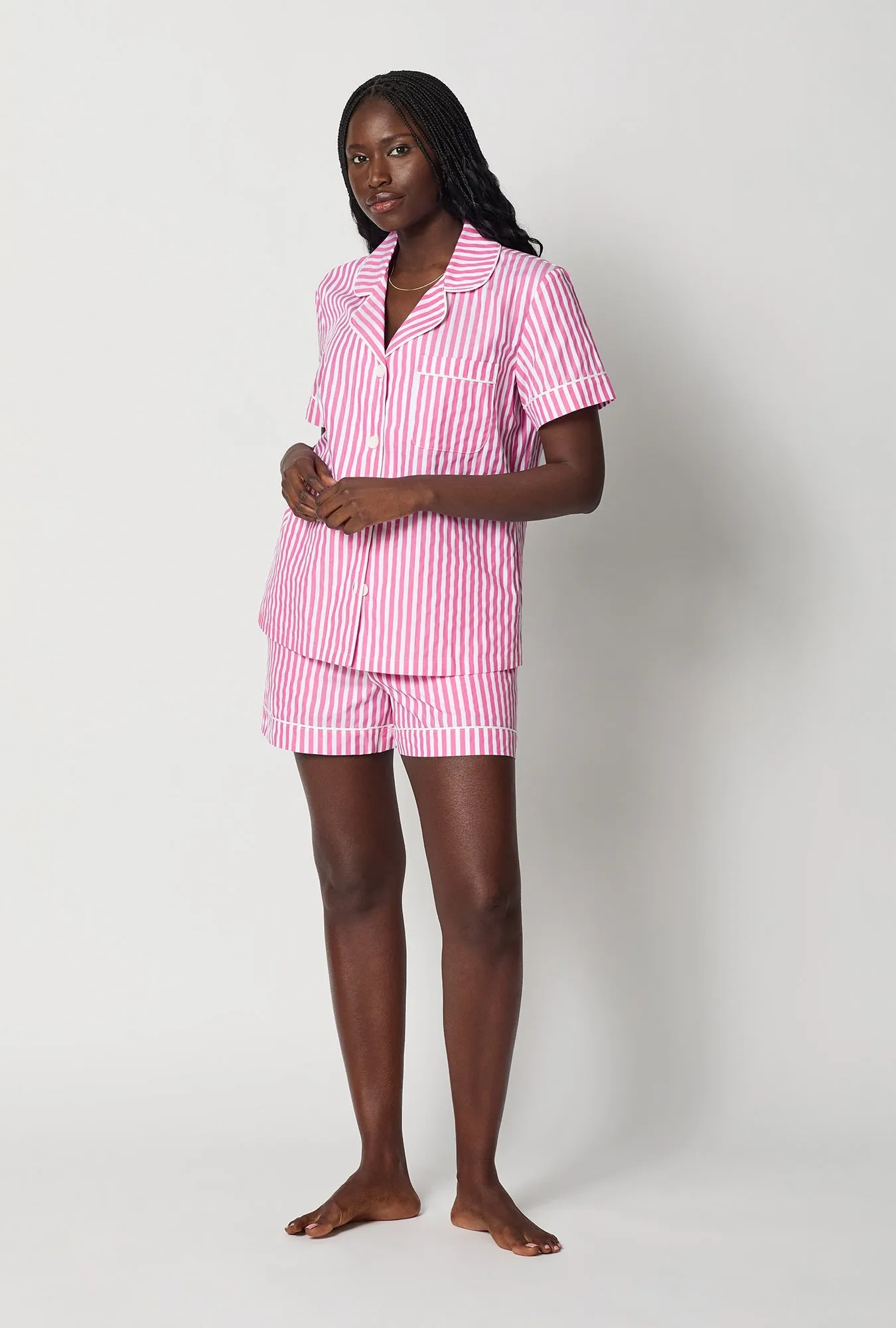 Hot Pink 3D Stripe Short Sleeve Classic Shorty Woven Cotton Sateen Pj Set sold by BedHead product image thumbnail 2