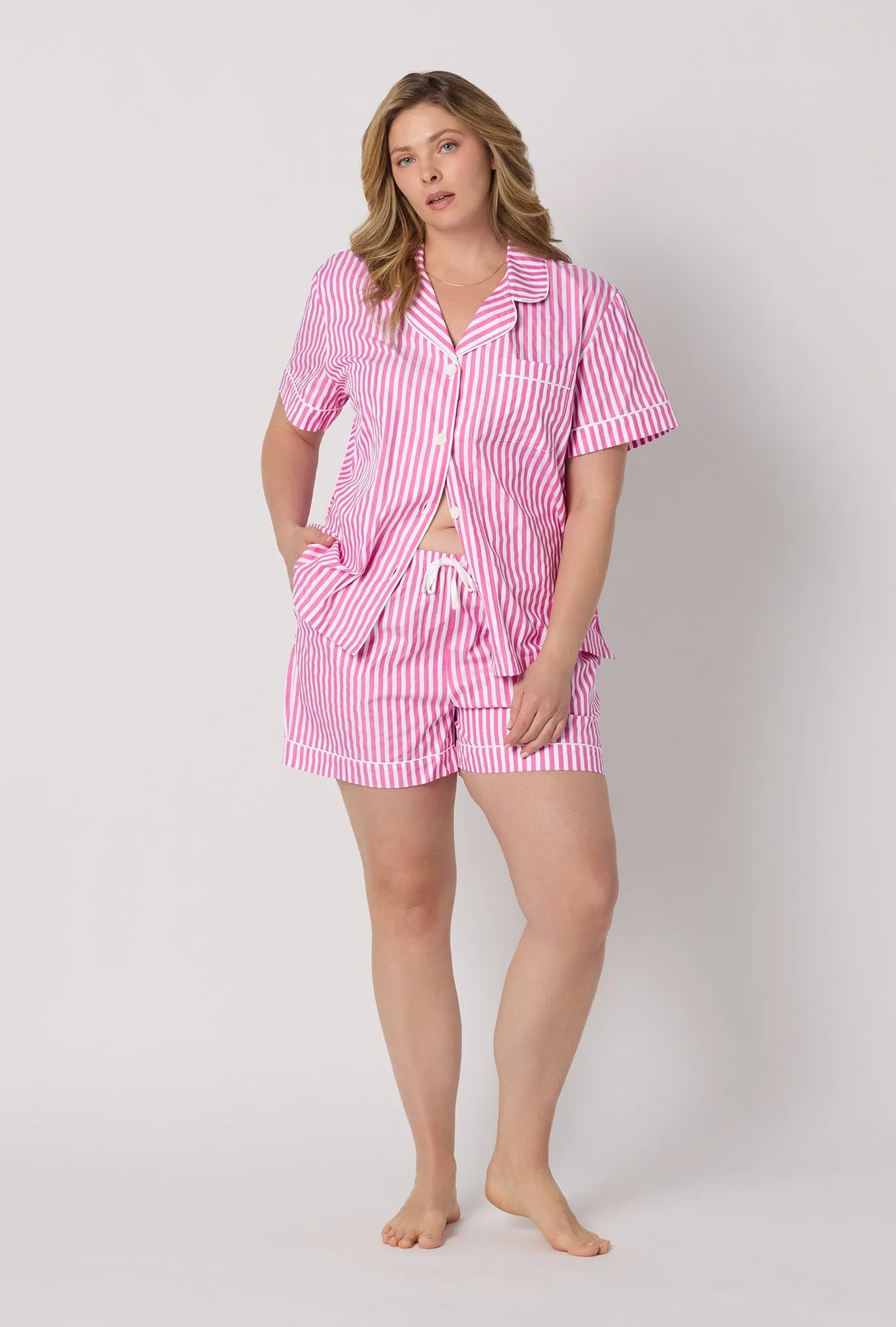 Hot Pink 3D Stripe Short Sleeve Classic Shorty Woven Cotton Sateen Pj Set sold by BedHead product image thumbnail 4