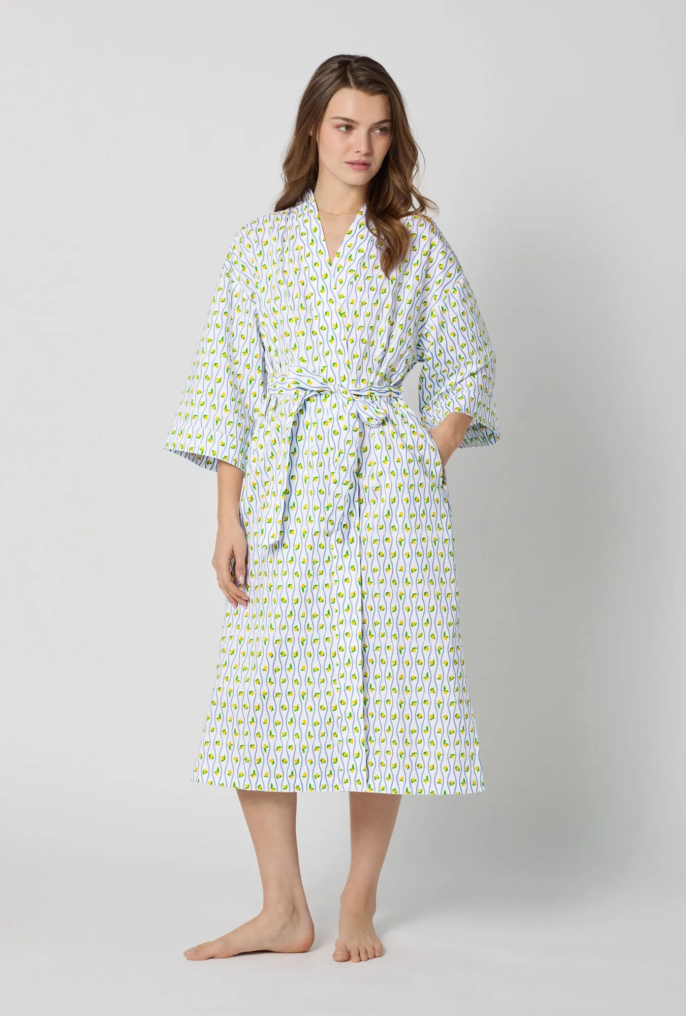 Limoncello Stripe Woven Cotton Poplin Kimono Robe sold by BedHead