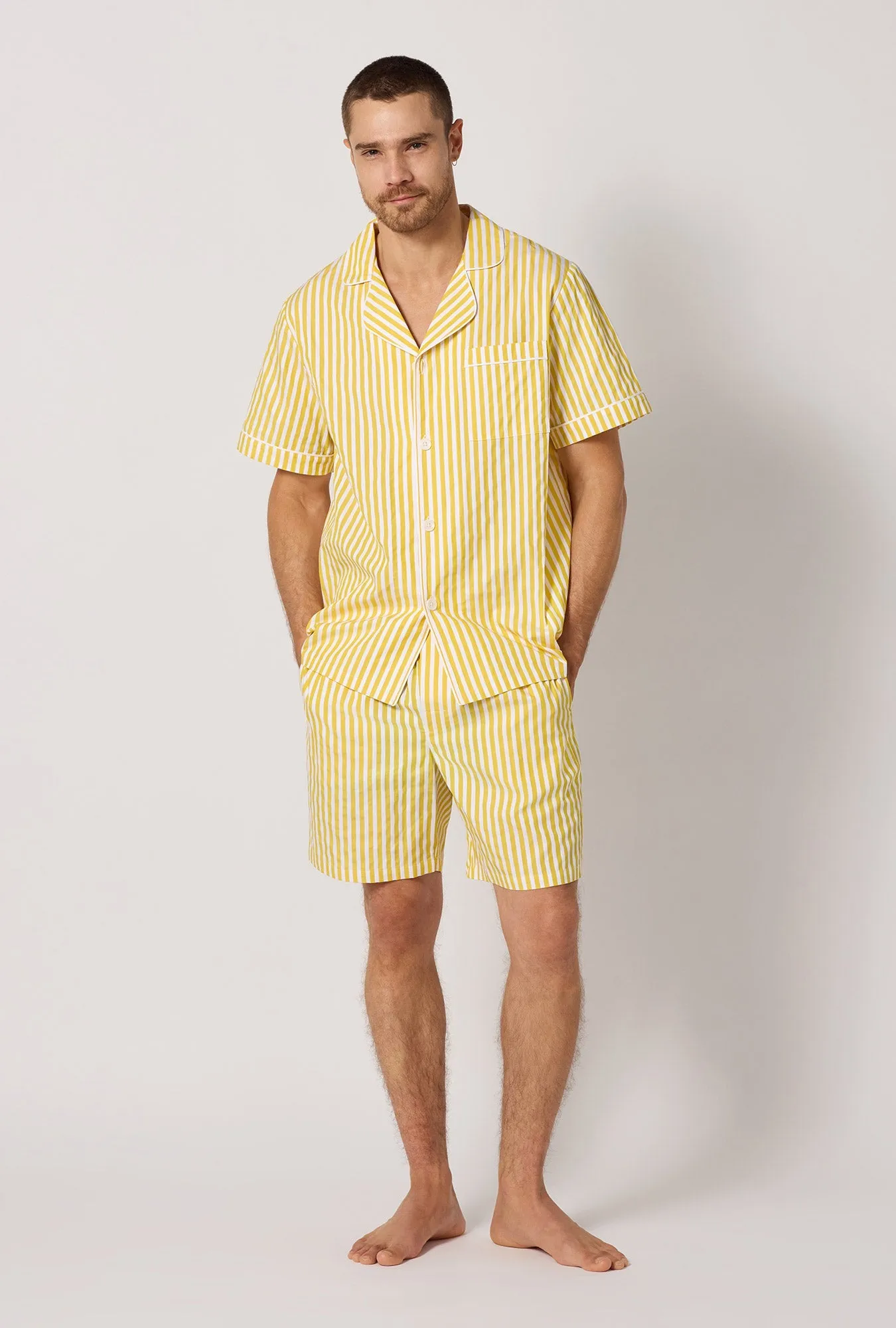 Yellow 3D Stripe Men's Short Sleeve Notch Woven Cotton Sateen Boxer Pj Set sold by BedHead