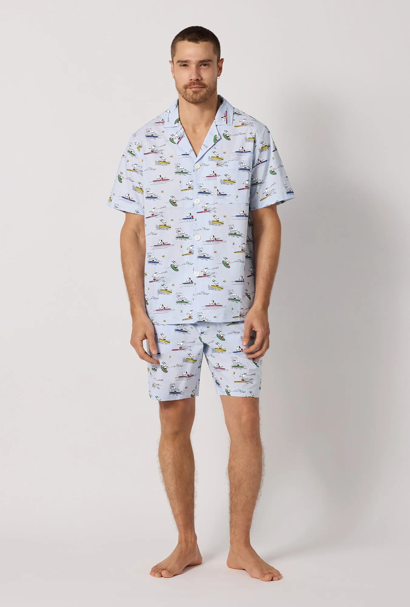 Catch A Wave, Snoopy Men's Short Sleeve Woven Cotton Poplin Short Pj Set sold by BedHead