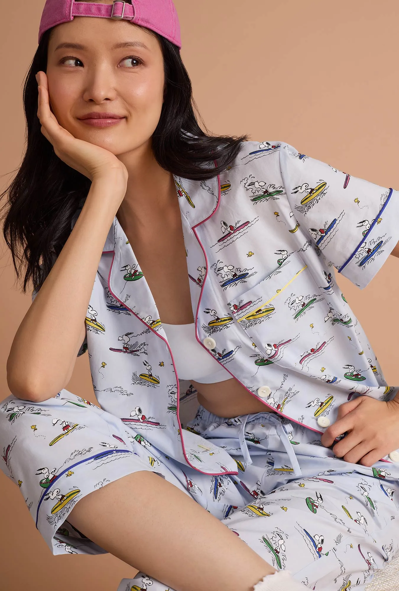 Catch A Wave Snoopy Short Sleeve Classic Woven Cotton Poplin Cropped Pj Set sold by BedHead