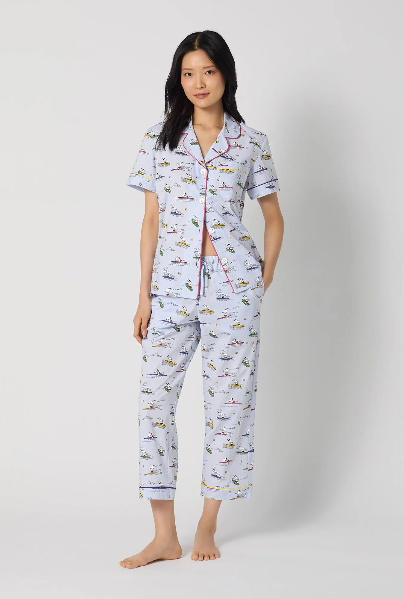 Catch A Wave Snoopy Short Sleeve Classic Woven Cotton Poplin Cropped Pj Set sold by BedHead product image thumbnail 3