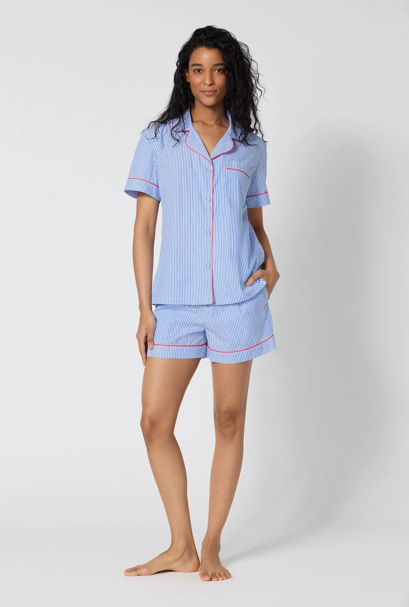French Stripe Short Sleeve Classic Woven Supersoft Cotton Poplin Shorty Pj Set sold by BedHead