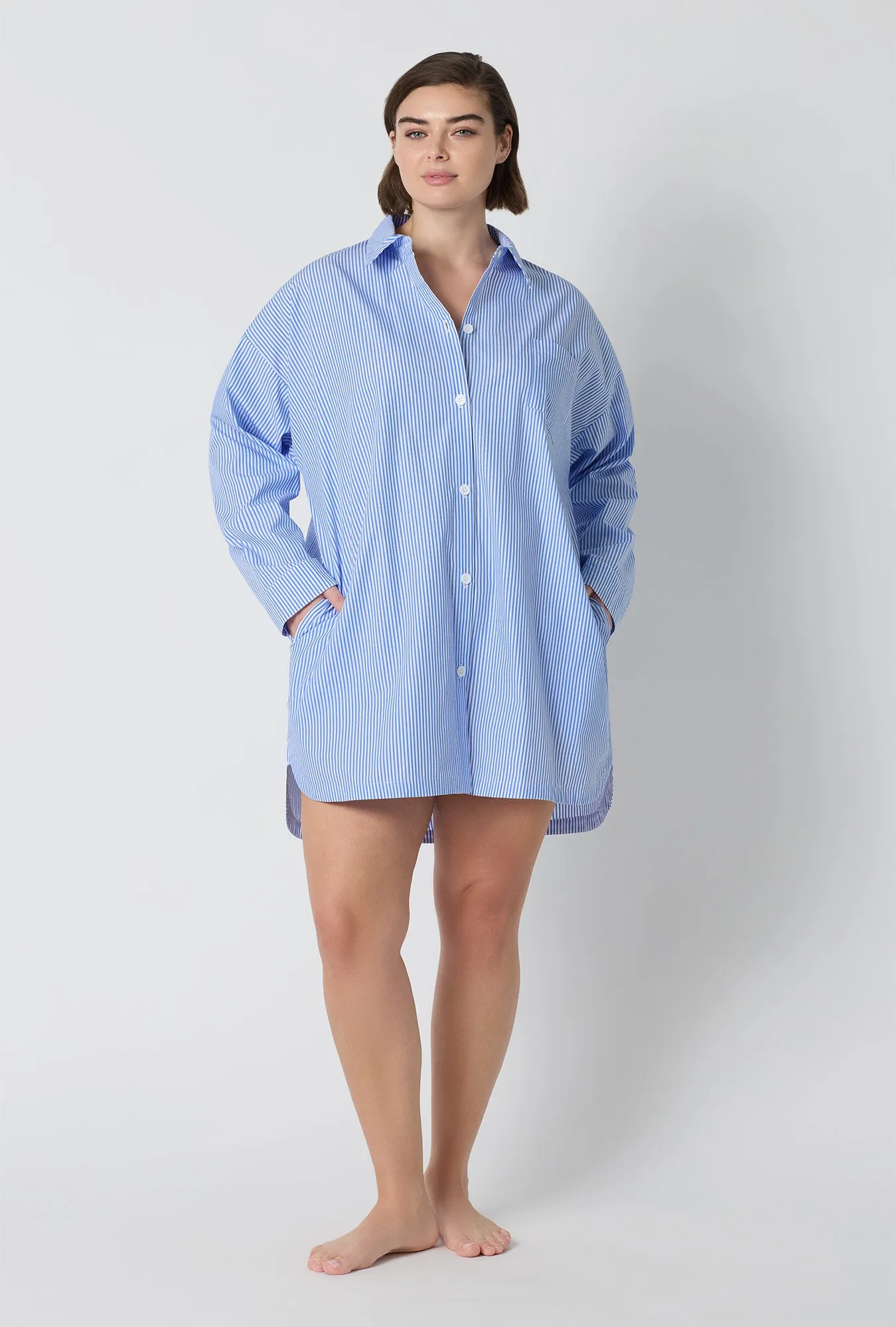 French Stripe High Low Woven Supersoft Cotton Poplin Boyfriend Shirt sold by BedHead product image thumbnail 4
