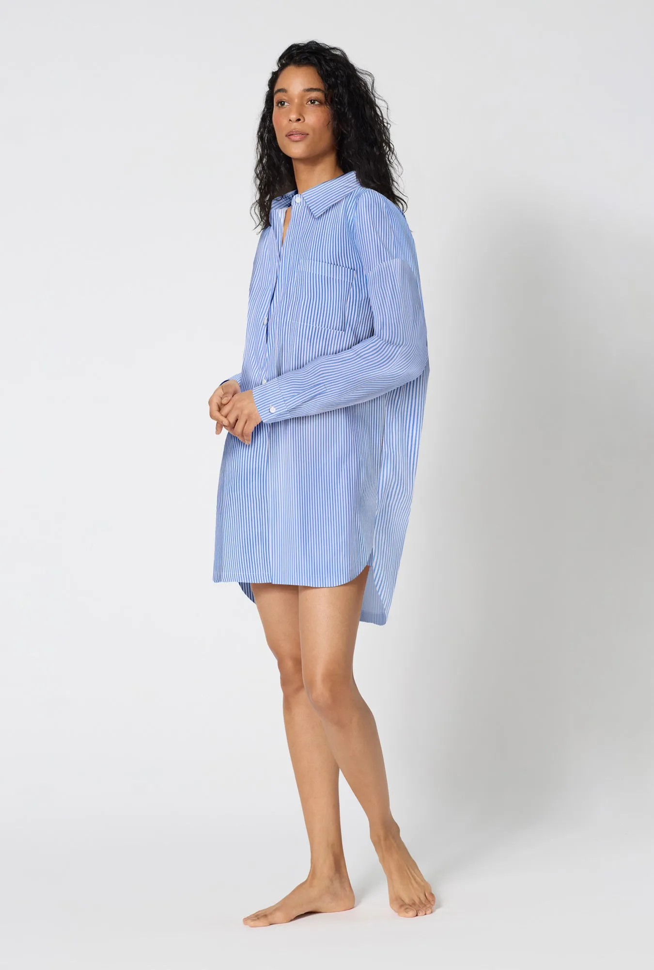 French Stripe High Low Woven Supersoft Cotton Poplin Boyfriend Shirt sold by BedHead product image thumbnail 2