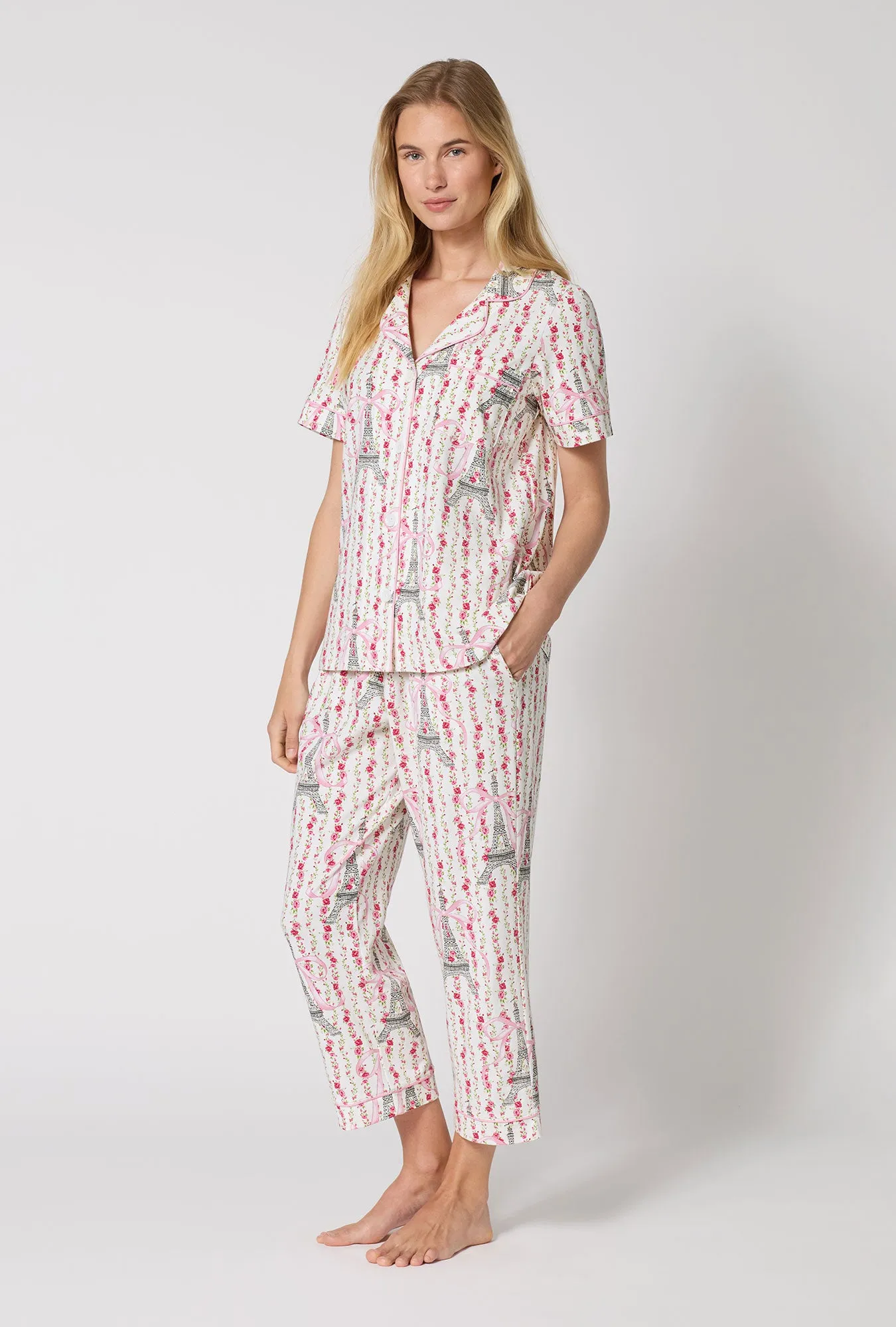 Fleur De La Tour Short Sleeve Classic Stretch Jersey Cropped Pj Set sold by BedHead product image thumbnail 2