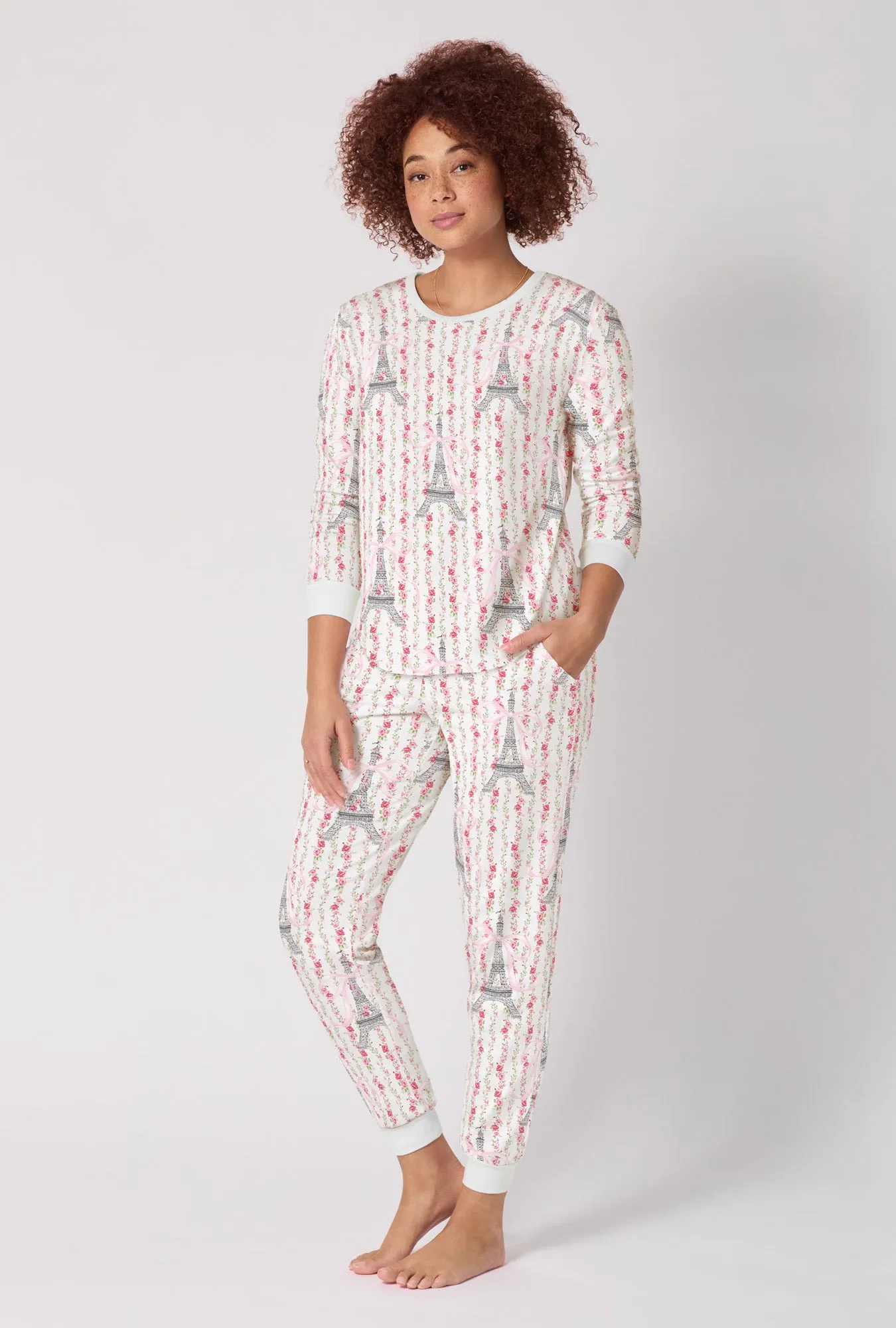 Fleur De La Tour Long Sleeve Pullover Crew And Jogger Stretch Jersey Pj Set sold by BedHead