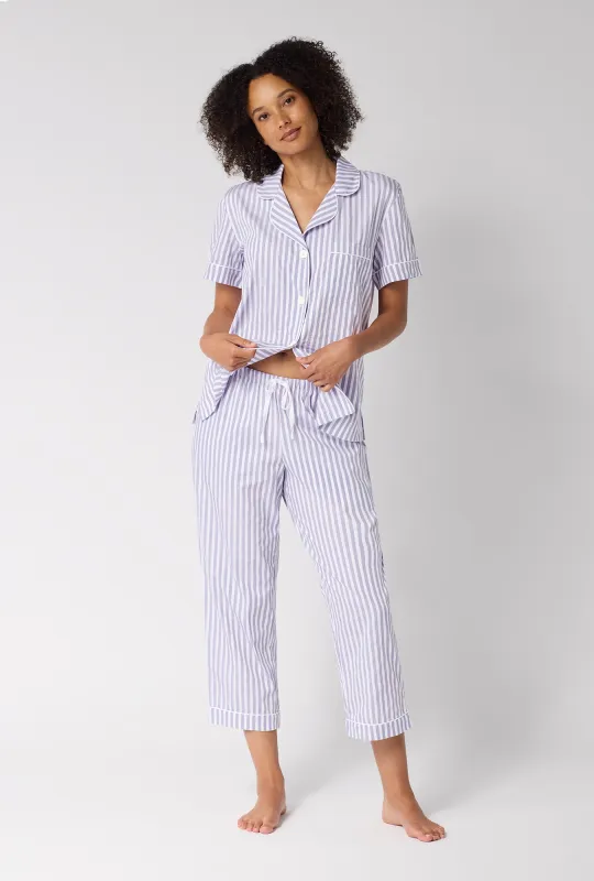 Blue Signature Stripe Short Sleeve Classic Woven Cotton Sateen Cropped Pj Set made by BedHead