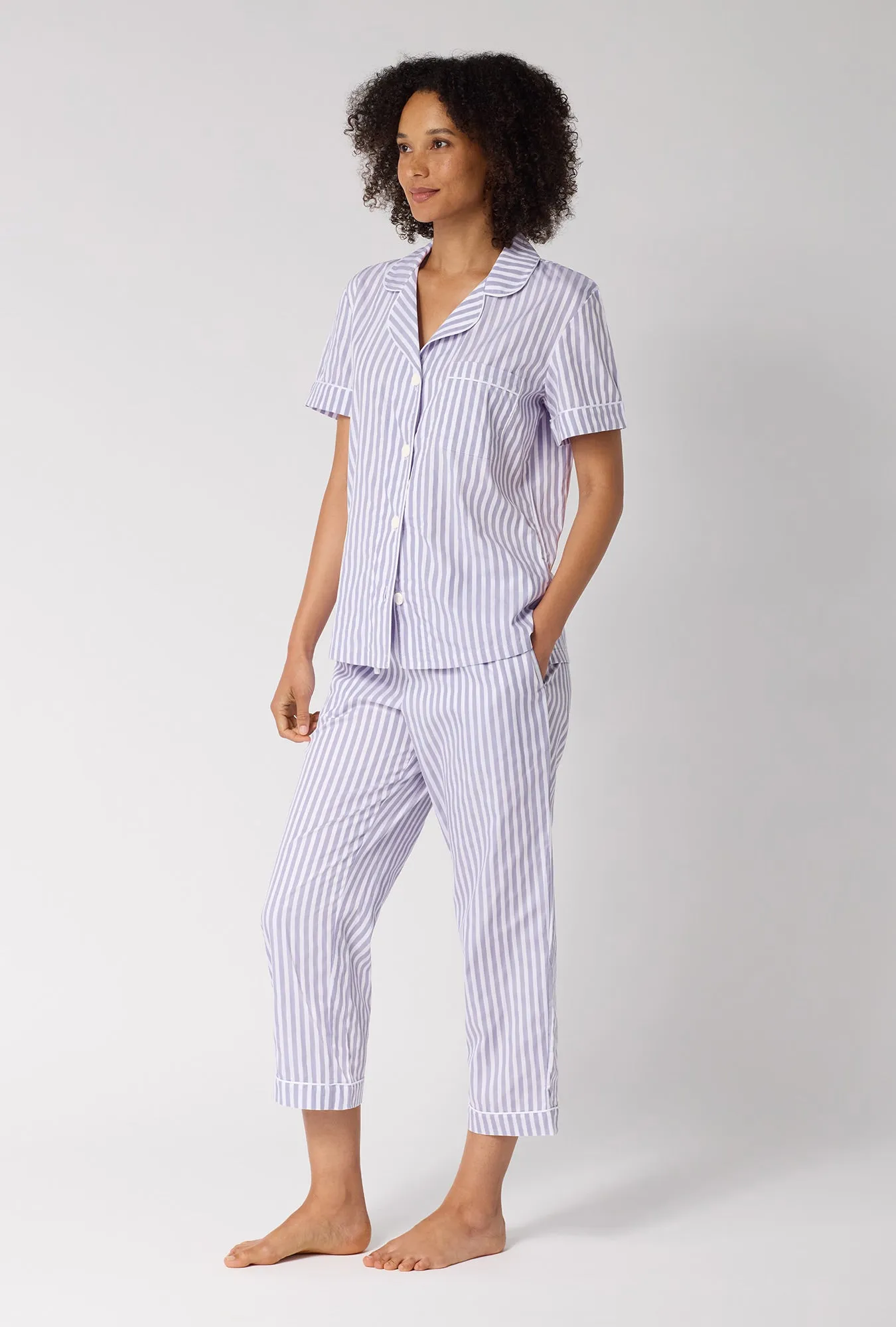 Blue Signature Stripe Short Sleeve Classic Woven Cotton Sateen Cropped Pj Set sold by BedHead product image thumbnail 2