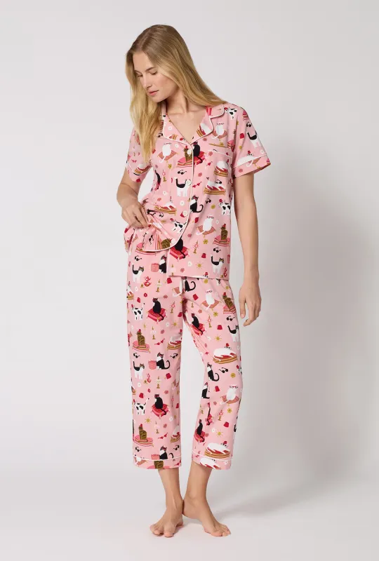Bazaar Cats Short Sleeve Classic Stretch Jersey Cropped Pj Set made by BedHead