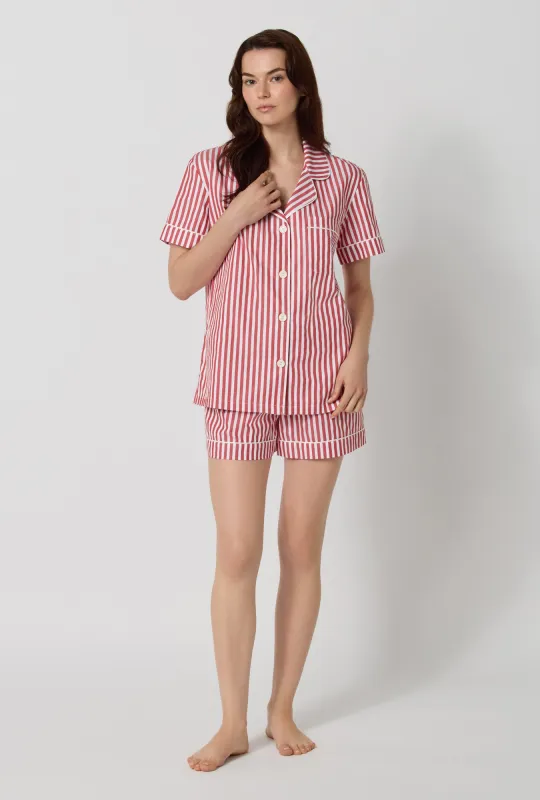 Red Signature Stripe Short Sleeve Classic Woven Cotton Sateen Shorty Pj Set made by BedHead
