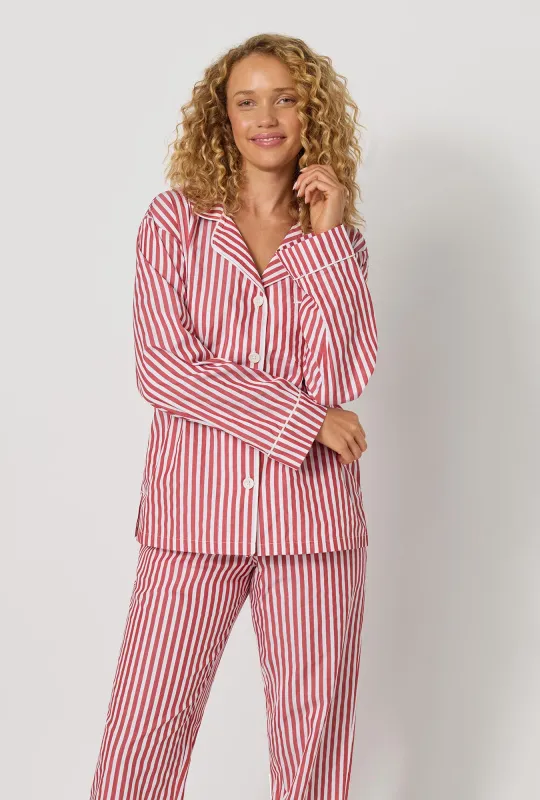 Red Signature Stripe Long Sleeve Classic Woven Cotton Sateen Pj Set made by BedHead
