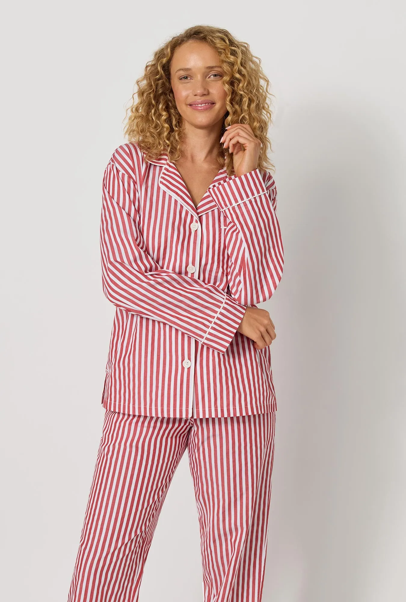 Red Signature Stripe Long Sleeve Classic Woven Cotton Sateen Pj Set sold by BedHead