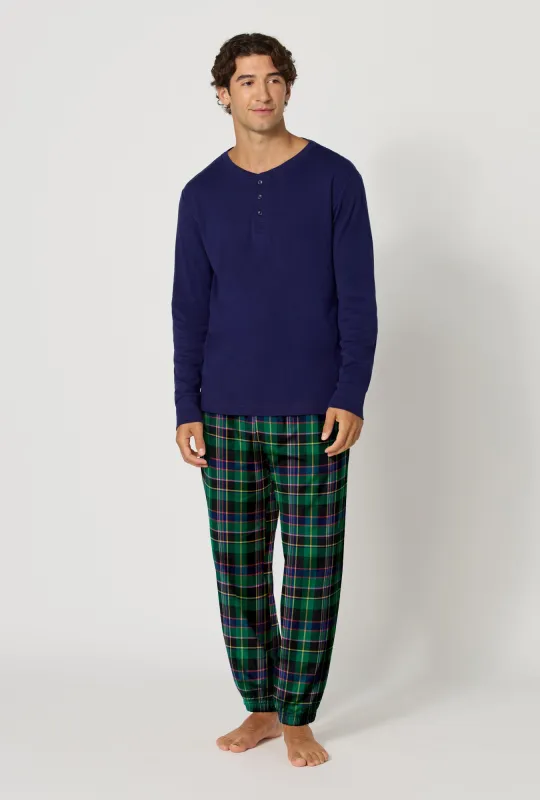 Winter Plaid Men's Long Sleeve Henley And Jogger Woven Portuguese Flannel Pj Set made by BedHead