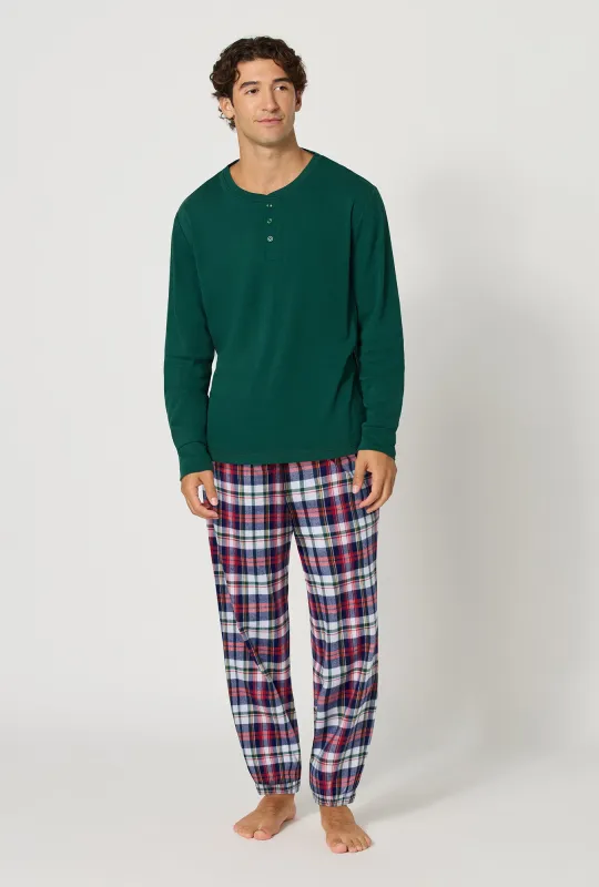 Heritage Plaid Men's Long Sleeve Henley And Jogger Woven Portuguese Flannel Pj Set made by BedHead