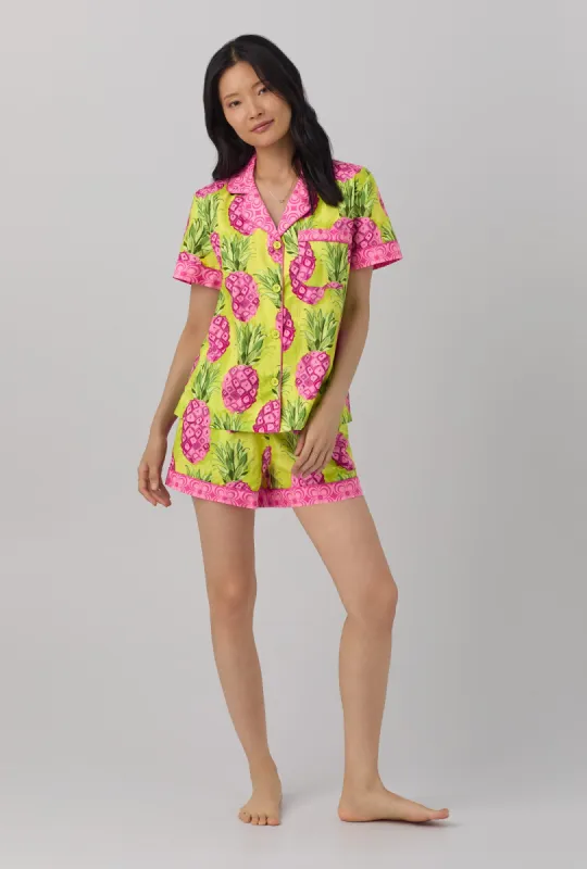 BedHead x Trina Turk Kiwi Pineapple Short Sleeve Classic Shorty Woven Cotton Poplin PJ Set sold by BedHead