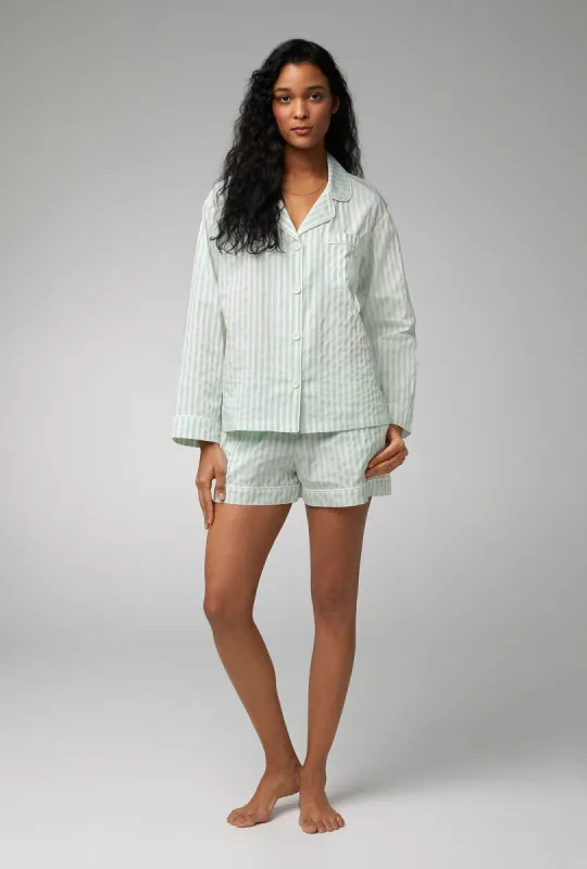 Mint 3D Stripe Long Sleeve Classic Woven Cotton Sateen Shorty PJ Set sold by BedHead