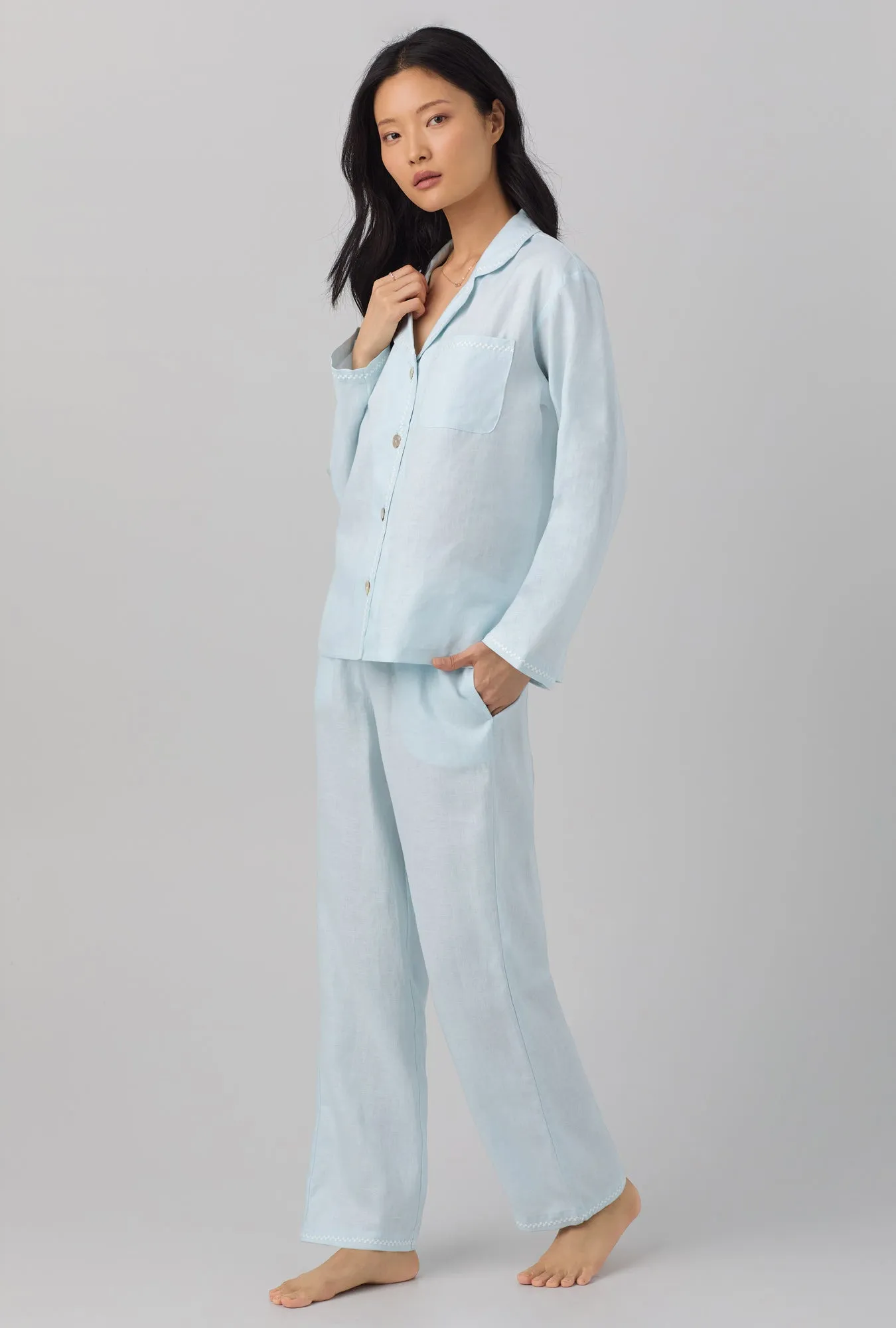 Delicate Blue Long Sleeve Classic Linen PJ Set sold by BedHead product image thumbnail 2