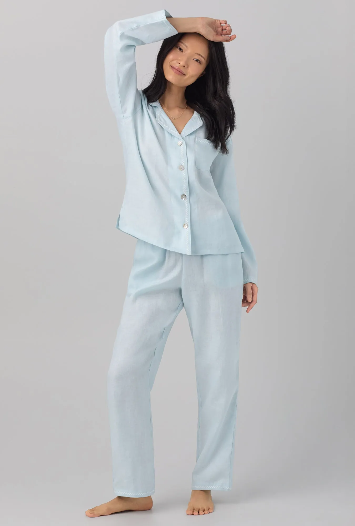 Delicate Blue Long Sleeve Classic Linen PJ Set sold by BedHead