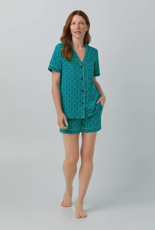 BedHead x Trina Turk TT Blue Tile Short Sleeve Classic Shorty Stretch Jersey PJ Set sold by BedHead