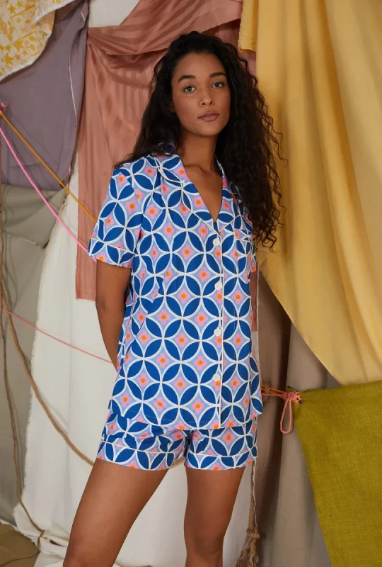 BedHead x Trina Turk Geo Flower Short Sleeve Classic Woven Cotton Poplin Shorty PJ Set sold by BedHead