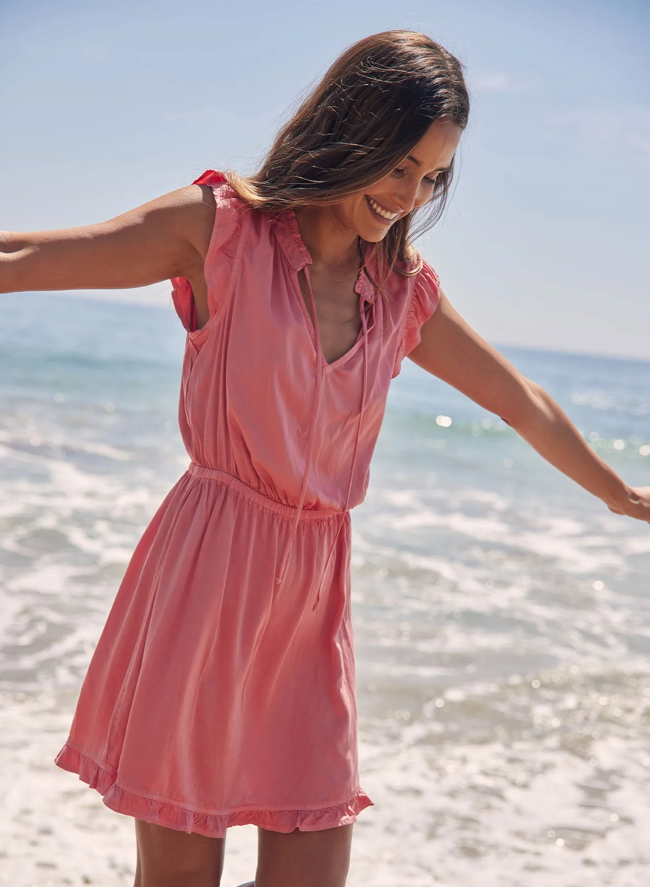 Satin Ruffle Sleeve Mini Dress - Blushed Coral sold by Bella Dahl