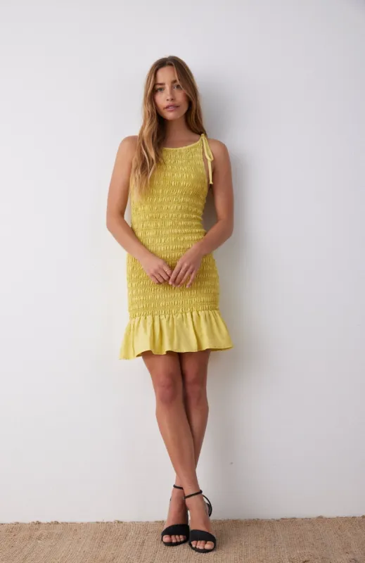 Smocked Tie Neck Mini Dress  - Sunray sold by Bella Dahl