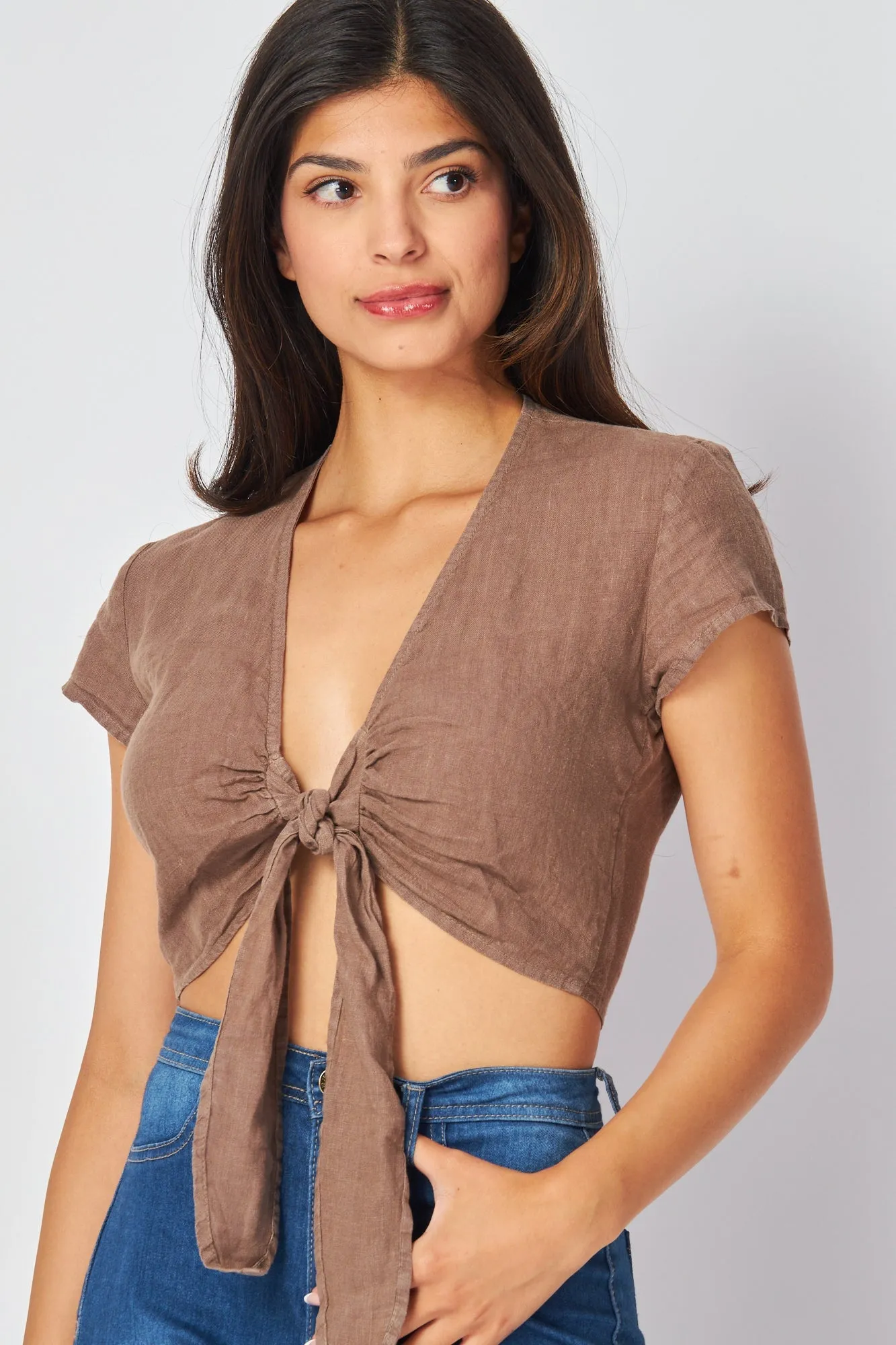 Tie Front Short Sleeve Blouse - Coastal Fog sold by Bella Dahl