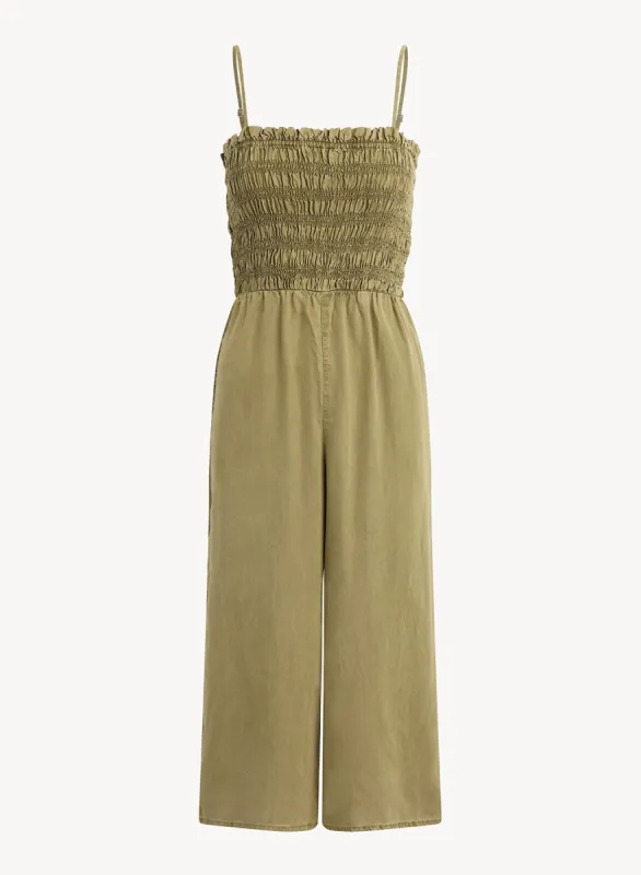 Wide Leg Smocked Ruffle Jumpsuit - French Olive sold by Bella Dahl