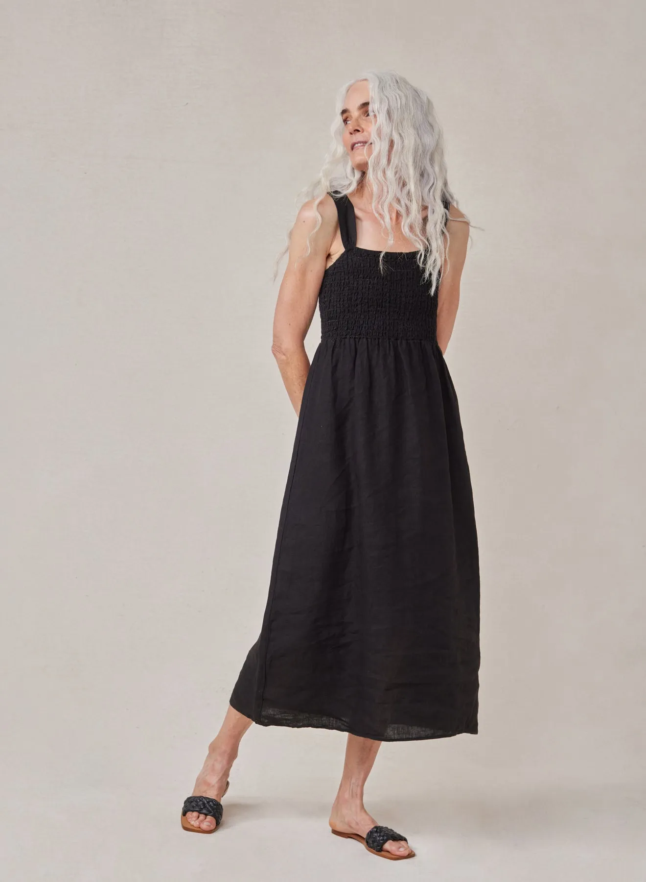 Smocked Linen Midi Dress - Black sold by Bella Dahl
