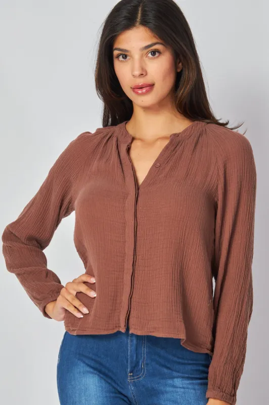 Long Sleeve Shirred Raglan Shirt - Java sold by Bella Dahl
