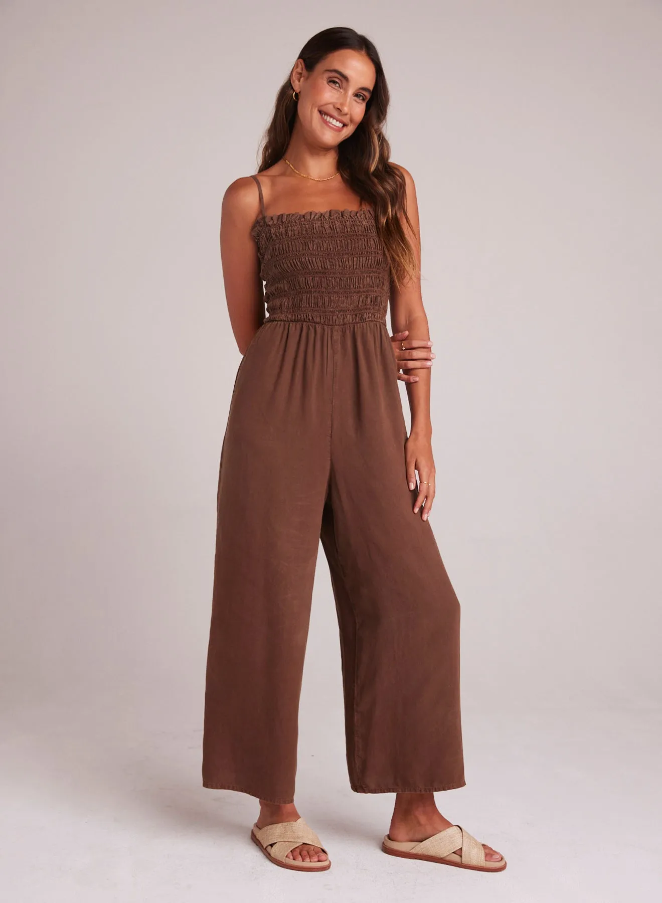 Wide Leg Smocked Ruffle Jumpsuit - Botanical Brown sold by Bella Dahl