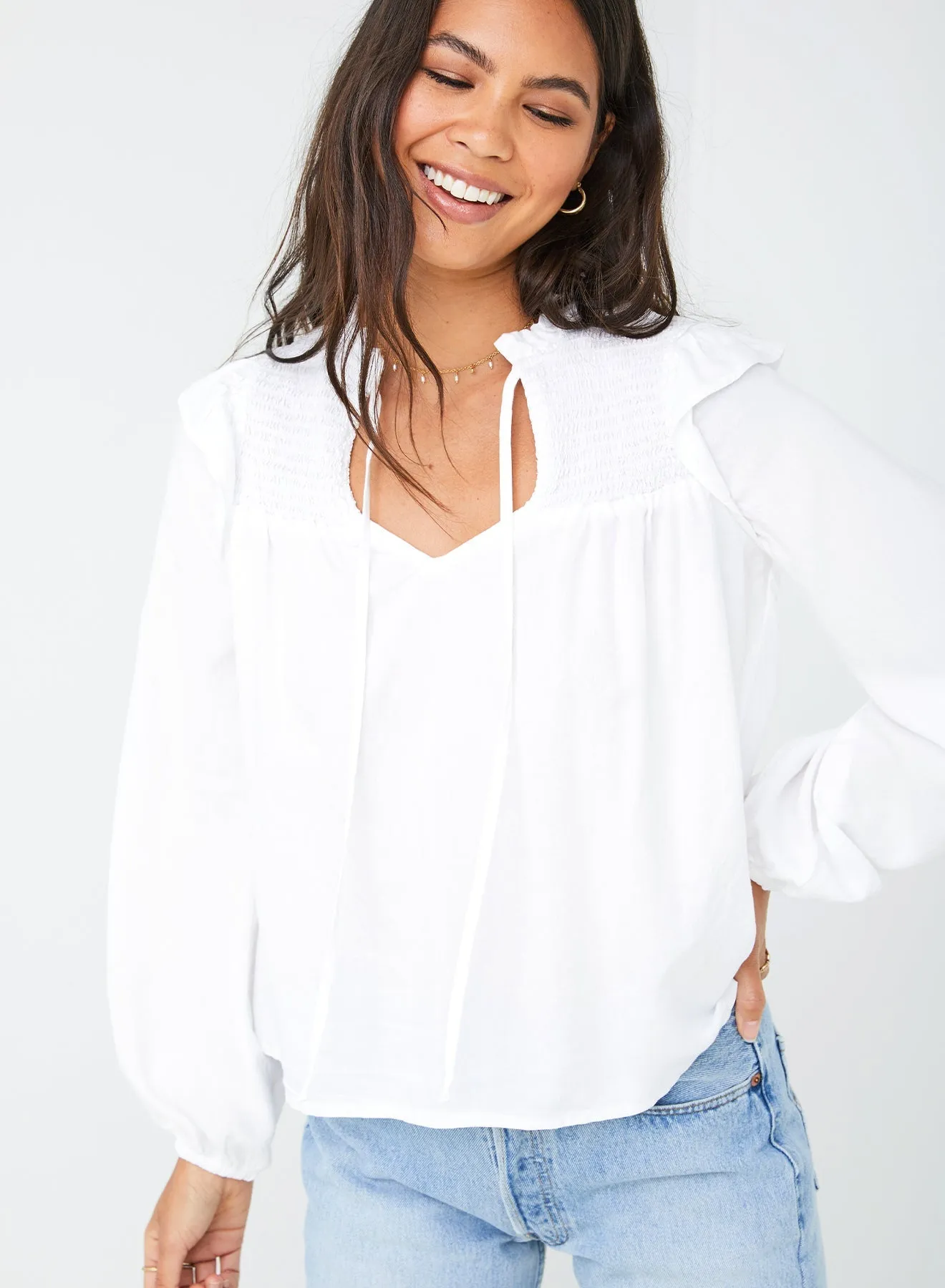 Smocked Ruffle Pullover - White sold by Bella Dahl