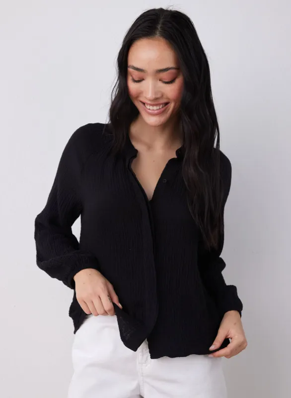 Long Sleeve Shirred Raglan Shirt - Black sold by Bella Dahl