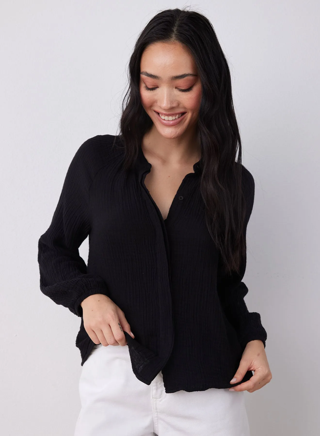Long Sleeve Shirred Raglan Shirt - Black sold by Bella Dahl