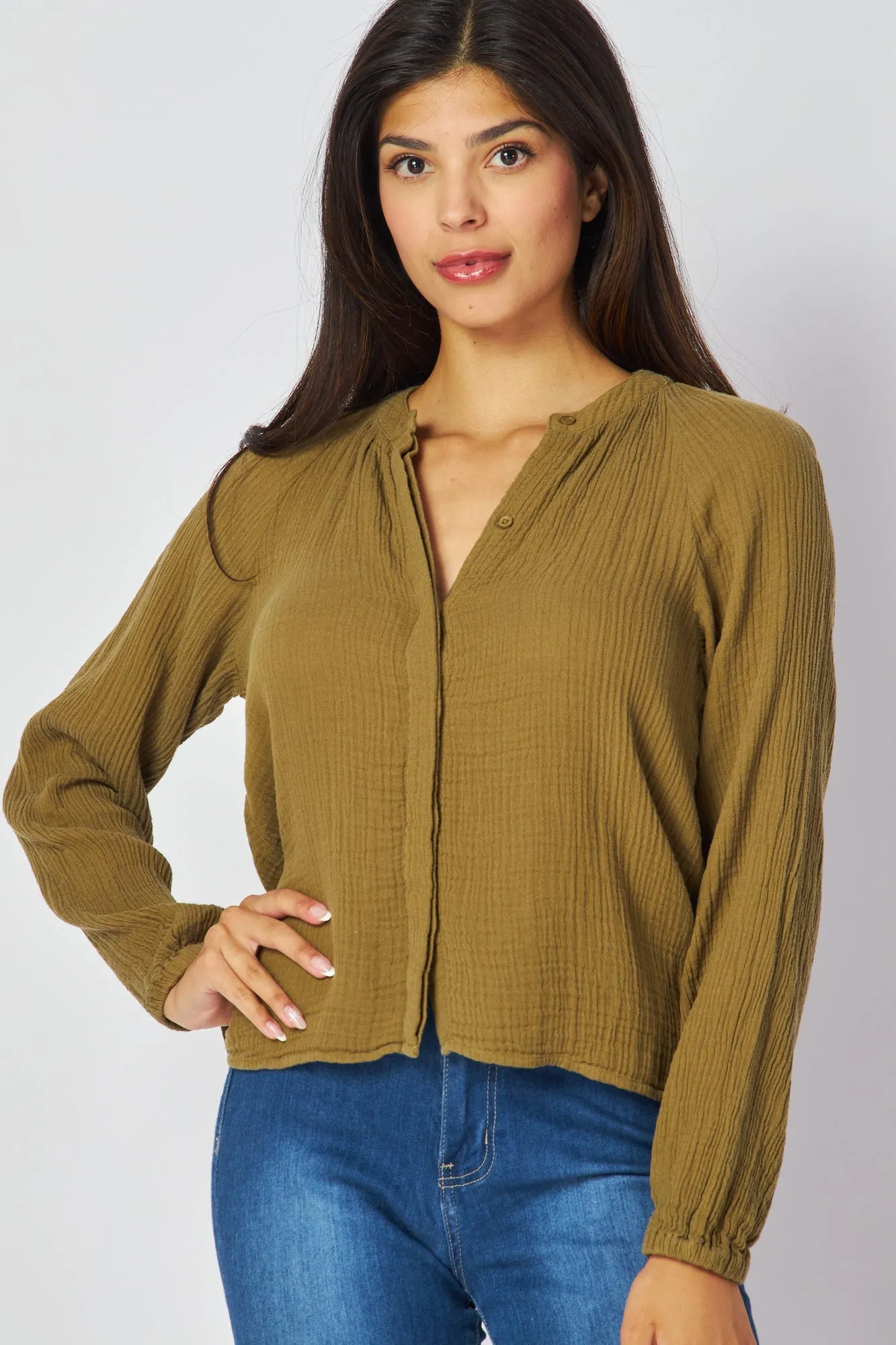 Long Sleeve Shirred Raglan Shirt - Dark Jungle sold by Bella Dahl