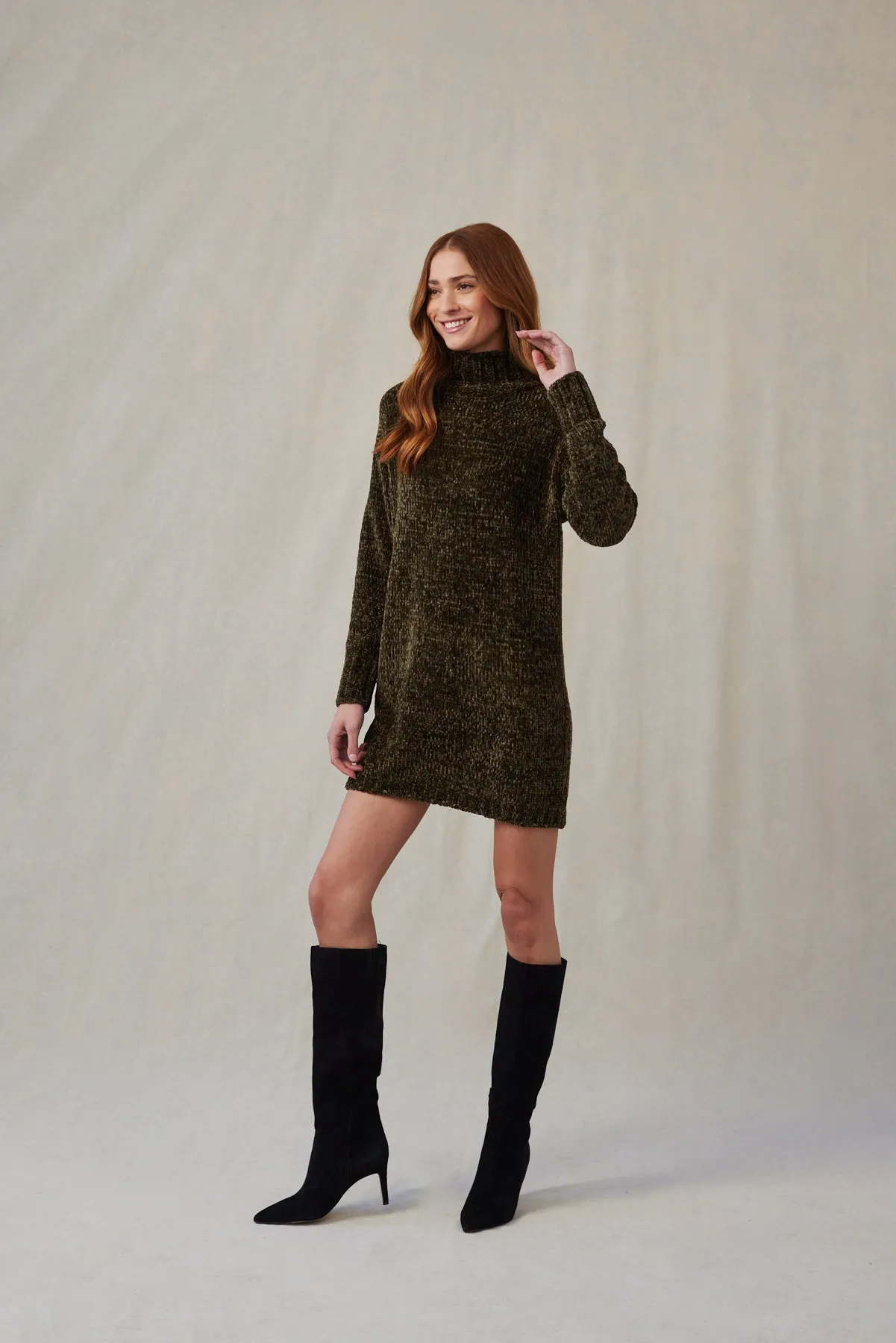 Turtle Neck Chenille Sweater Dress - Italian Herb sold by Bella Dahl