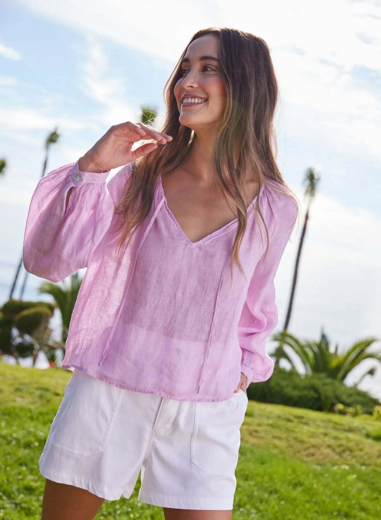 Shirred Linen Raglan Blouse - Light Orchid sold by Bella Dahl