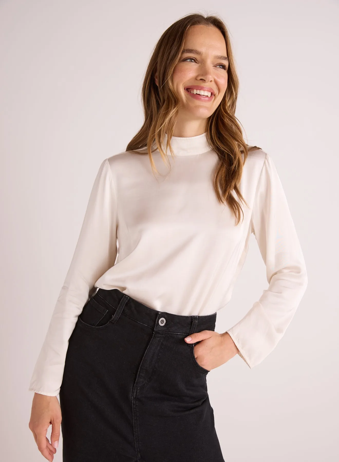 Mock Neck Button Back Top - Winter White sold by Bella Dahl