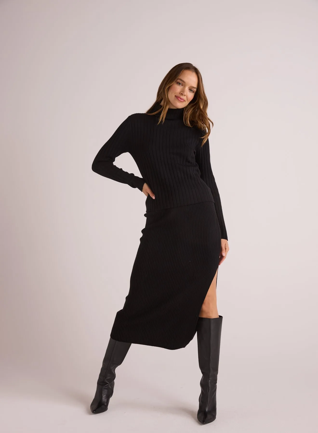 Ribbed Knit Skirt with Side Slit - Black sold by Bella Dahl