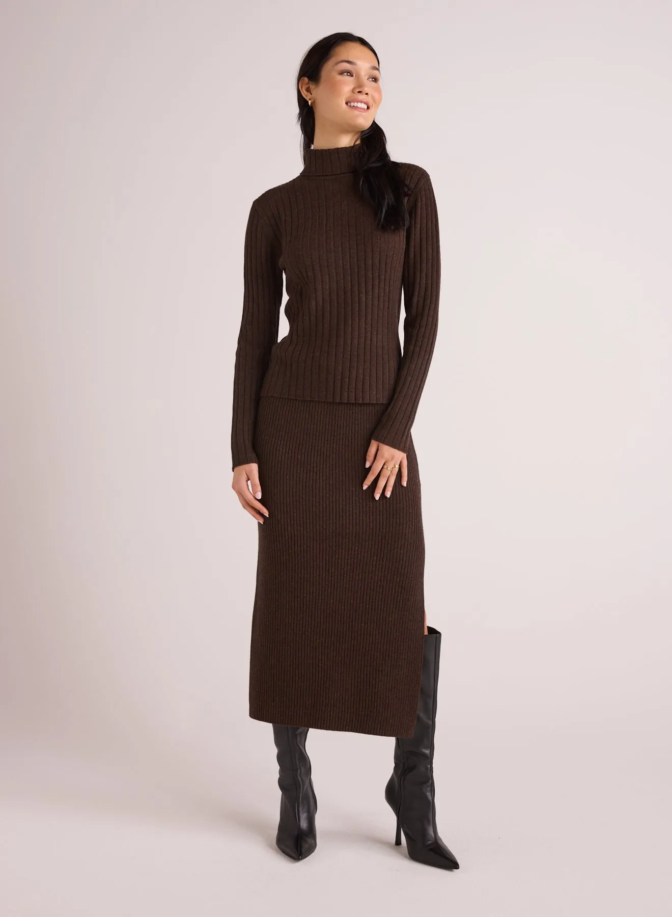 Ribbed Knit Skirt with Side Slit - Heather Brown sold by Bella Dahl