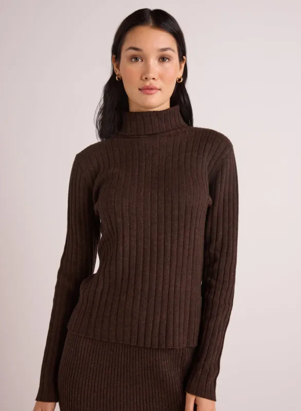 Ribbed Knit Turtleneck Sweater  - Heather Brown sold by Bella Dahl